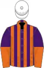 Orange, purple striped, purple and orange halved sleeves, white cap