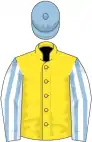 Yellow, white sleeves, light blue striped, light blue cap