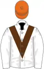 White, brown chevron, white sleeves, orange cap