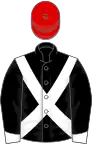 Black, white cross-belts and cuffs, red cap
