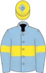 Bleue clair, ceinture et brassards jaunes, toque jaune, un losange bleu clair