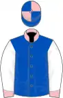 Royal blue, pink collar, cuffs and quartered cap, white sleeves