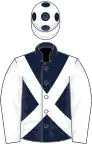Dark blue, white cross-belts and sleeves, white cap, dark blue spots