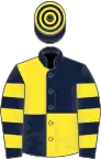 Dark blue and yellow (quartered), hooped sleeves and cap