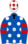 Royal blue, white spots on body, two red hoops, white cap, red spots