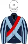 Dark blue, light blue cross belts, striped sleeves, white cap