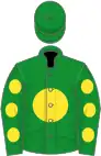 Green, yellow disc, yellow sleeves, spots on sleeves, green cap