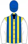 Yellow and light blue stripes, white sleeves, light blue cap