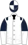 White, dark blue epaulets, dark blue and white halved sleeves, quartered cap