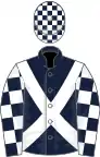 Dark Blue, White cross belts, checked sleeves and cap