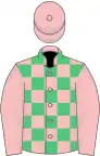 Pink and emerald green check, pink sleeves and cap