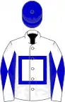 White, blue hollow box, diabolo on sleeves, blue cap