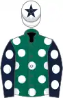 Dark green, white spots, dark blue sleeves, white spots, white cap, dark blue star