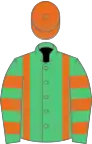 Emerald green, orange braces, hooped sleeves, orange cap