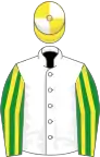 White, green and yellow striped sleeves, yellow and white quartered cap