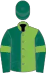 Light green and dark green( halved), dark green sleeves, light green armlets, dark green cap