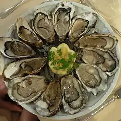 Assiette d'huîtres creuses (ou « japonaises » : Crassostrea gigas).
