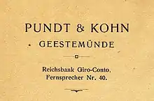 Papier à en-tête de la société Pundt & Kohn, années 1930.
