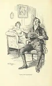 un clergyman tient un gros in-folio, et lève la tête, l'air surpris, car une jeune fille l'a interrompu