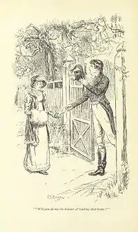 Gravure. Un jeune homme franchit un portail et tend une lettre à une jeune fille