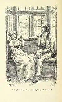 Dans un bow-window, une jeune fille parle sentencieusement au jeune homme assis à côté d'elle
