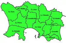 Carte de Jersey montrant les paroisses