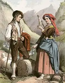 Lithographie en couleurs d'un jeune homme et d'une jeune femme en costumes traditionnels.