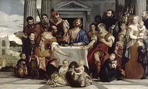 Peinture. Le Christ est attablé avec deux disciples, une foule les entoure.
