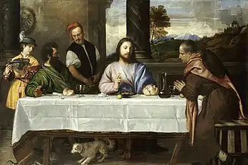 Peinture. Le Christ est attablé avec deux disciples, deux serviteurs sont à côté.