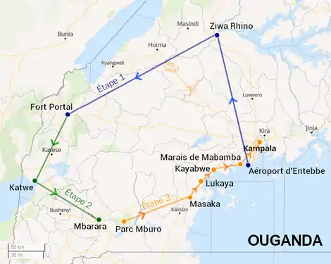 Carte en couleurs représentant le parcours en Ouganda.