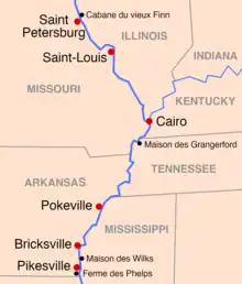 Carte très simplifiée. Tracé du fleuve et des États traversés, avec les noms des villes réelles ou fictives et d'autres lieux du récit.