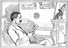 Dessin en noir et blanc ; au premier plan, un homme, aux cheveux châtains-grisonnants et moustachu, est de profil, assis dans une banquette, vêtu d'une chemise à faux col, d'une cravate en soie et d’une longue veste, tenant dans ses mains un manuscrit qu'il semble relire, crayon à la main ; en retrait, se trouvent, au-dessus d’une cheminée, une statuette d'un homme âgé et un portrait d’un homme la main dans une poche ; plus à gauche, un portrait d’un homme aux cheveux ébouriffés en forme de médaillon, ainsi que deux cadres, sont accrochés au mur