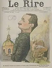 Caricature en couleur et de profil d’un homme moustachu tenant dans sa main droite un bâtiment à coupole, à côté d’un siège gardé par une étoile coiffée du bonnet phrygien