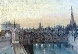 Le pont Saint-Michel avec ses piles en bois et ses maisons, vers 1577 (détail d'un tableau, musée Carnavalet).