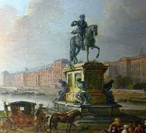 Statue équestre d'Henri IV avec le groupe des quatre captifs (tableau de Jean-Baptiste Lallemand vers 1775, détail - Musée Carnavalet)