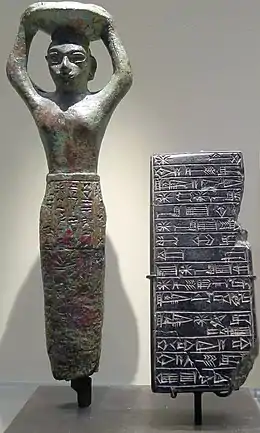 Statuette d'un homme dont le pagne long est gravé de signes cunéiformes, et qui tient une corbeille en équilibre sur sa tête. À côté de lui, une tablette de pierre noire gravée de signes cunéiformes.