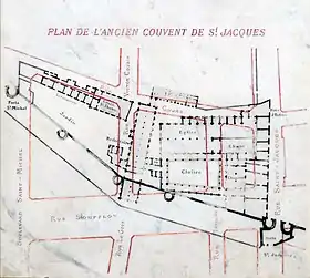 Plan du couvent (en noir) par rapport à l'enceinte de Philippe-Auguste et à la voirie actuelle (en rouge).