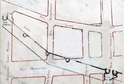 Le tracé de l'enceinte de Philippe Auguste (en noir) entre les portes Saint-Michel et Saint-Jacques par rapport à la voirie actuelle (en rouge).