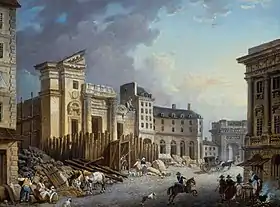 La rue Saint-Barthélémy lors de la démolition de l'église éponyme en 1791.