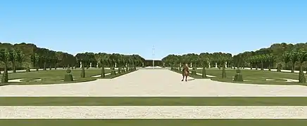 Restitution 3D de la vue sur le parterre du Bois, en sortant du château vieux de Meudon.