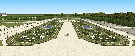 Vue du parterre de l'Étang depuis le premier étage du château vers 1705.