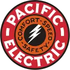 Logo du réseau Pacific Electric : on voit un cercle rouge avec les mots « confort, vitesse et sécurité » (en anglais).