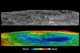 Image générée par l'ordinateur. On peut y voir le cratère de Rheasilvia en 3D