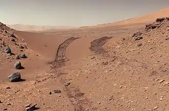 Vue du sol martien et de rochers depuis Curiosity