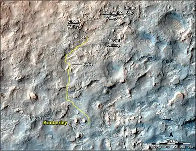 L'itinéraire de Curiosity entre Dingo Gap (février 2014) et le massif Kimberley. (mai 2014).