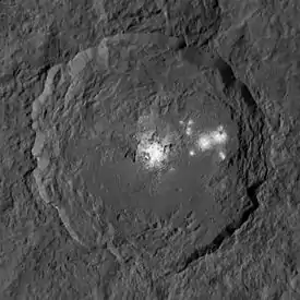 Cratère Occator sur (1) Cérès avec tâches blanches de sels interprétées comme d'origine hydrothermale (sonde Dawn, 2016).