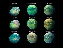 Série d'images de Titan dans l'infrarouge comparant l'évolution de trois sursauts au cours du temps.
