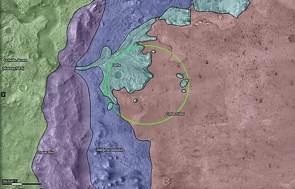Carte géologique montrant les cinq types de terrain devant être analysés par Perseverance (l'ellipse désigne sa zone d'atterrissage).De gauche à droite : en vert, l'extérieur du cratère Jezero ; en violet, ses rebords ; en bleu violacé, les dépôts laissés par le lac l'occupant jadis ; en vert grisâtre, ceux créés plus particulièrement par le delta d'une rivière s'écoulant depuis Neretva Vallis ; en marron, le plancher du cratère.