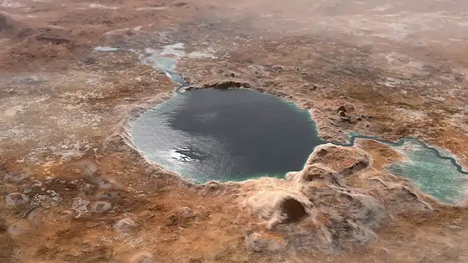 Reconstitution du cratère tel qu'il aurait pu être à l'époque où l'eau était présente à la surface de Mars, il y a quelques milliards d'années.La zone d'atterrissage se situe dans la partie nord-ouest, au débouché du cours d'eau qui pénétrait dans le cratère depuis Neretva Vallis.
