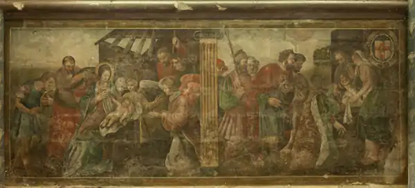 Peinture coupée en deux par une colonne dorique peinte. À gauche, 7 personnages s'inclinent devant un nouveau-né accompagné de sa mère. À gauche, 5 personnages, dont trois portant des couronnes, s'inclinent devant un bébé accompagné d'un homme et d'une femme.